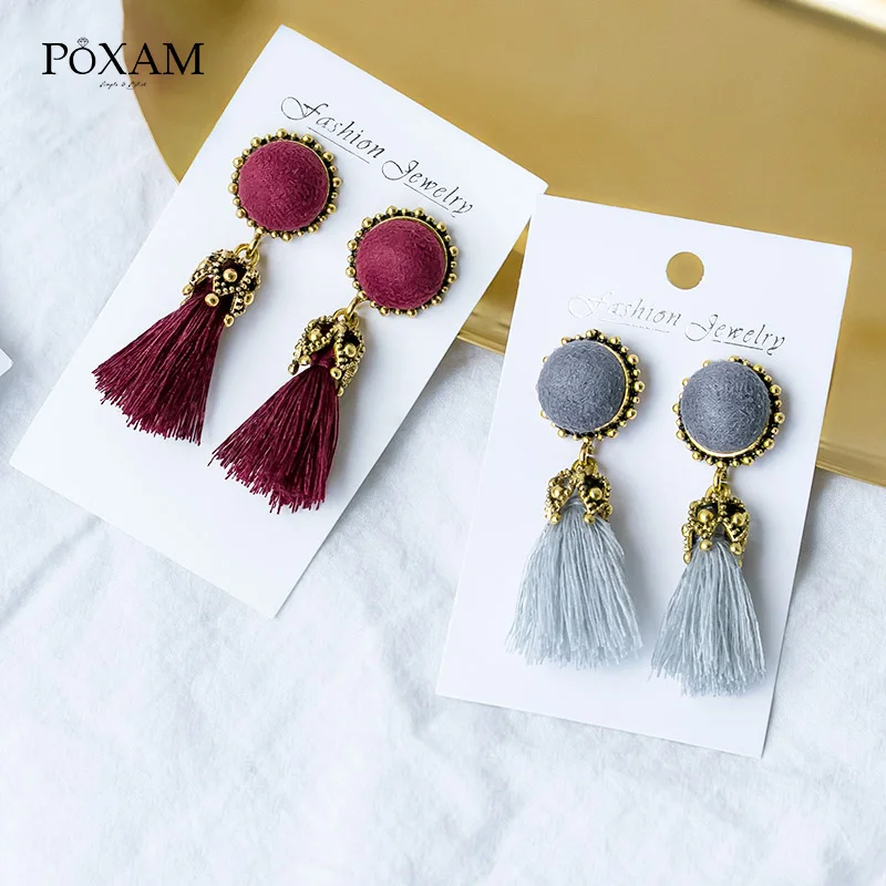Женские серьги POXAM капельки с кисточками из красного хлопка и шелка