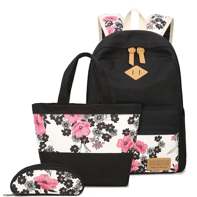 3 шт./компл. женский рюкзак с цветочным принтом, повседневный холщовый рюкзак, школьные рюкзаки, сумки для девочек-подростков, рюкзак