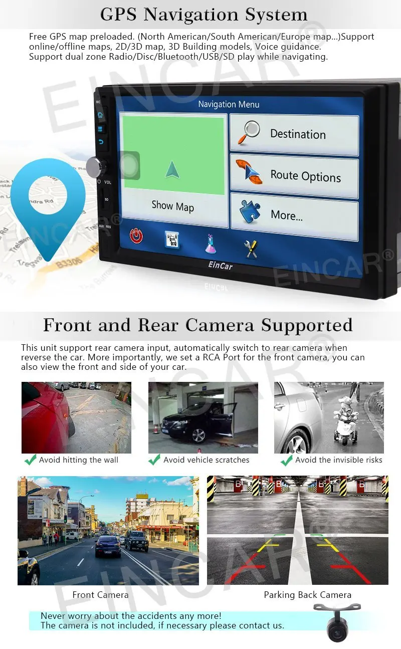 Eincar 7 дюймов 2 DIN GPS Android стерео навигации 6.0 микрофон спереди и резервного