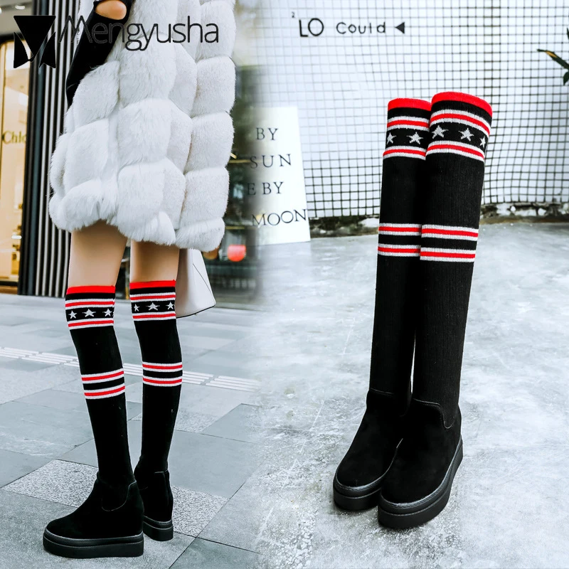 Модная Уличная обувь Стильные сапоги выше колена Ботинки увеличивающие рост из