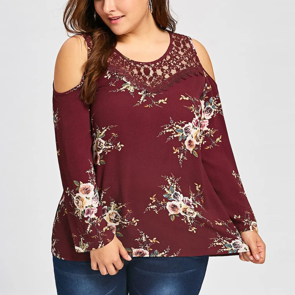 5XL Женские блузки с длинным рукавом размера плюс, топы, кружевная блузка с открытыми плечами, блузка с цветочным рисунком, летняя модная футболка с круглым вырезом