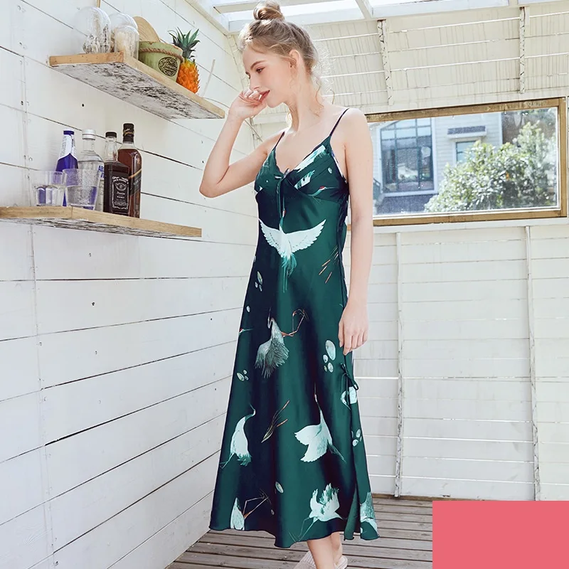 Smmoloa дамы Для женщин длинный атласный Nightdrees шелк печати сексуальное женское