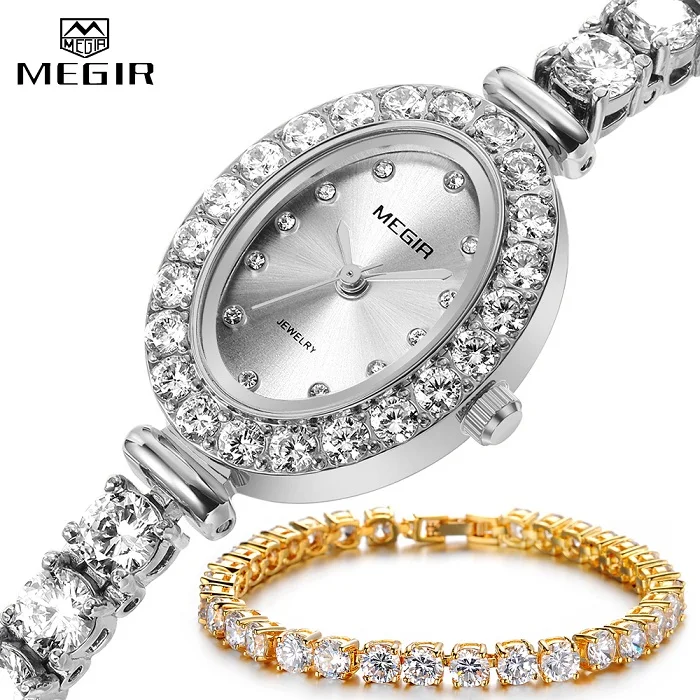 Silver Watch Gold MEGIR роскошные женские часы-браслет из розового золота, модные ювелирные изделия, AAA кубический цирконий, Теннисный кристалл, кварцевые наручные часы для женщин - Цвет: Silver Watch Gold