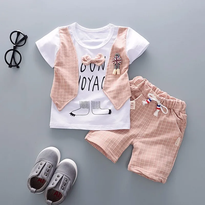 dajiao Pink Летняя детская хлопковая одежда для маленьких мальчиков, Детский галстук-бабочка, майка, футболка и шорты, 2 шт./компл. модная одежда для малышей наряды для младенцев - Цвет: dajiao Pink