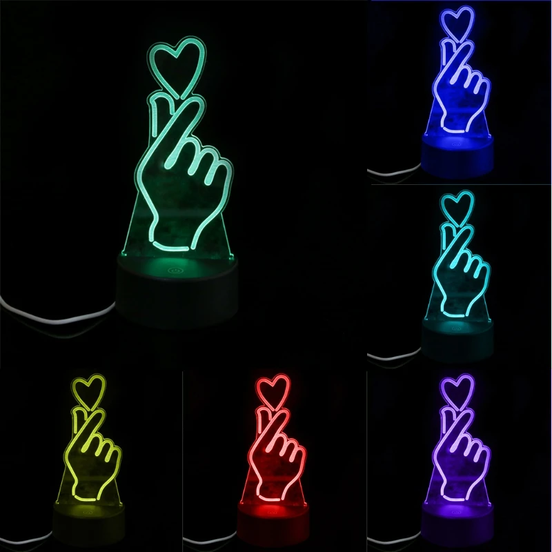 USB Новинка 7 видов цветов Романтическая меняющая палец Сердце LED ночник 3D
