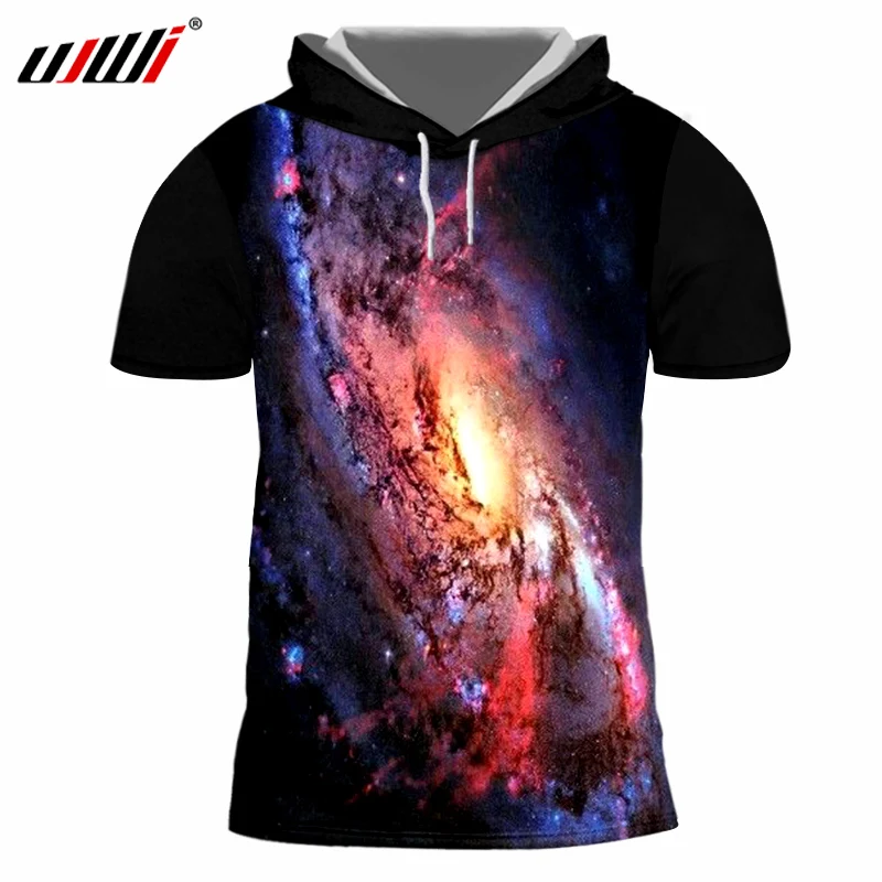 

UJWI Spring New Men's Hooded T Shirt Print Galaxy Space Star T-Shirt Hoody Homme Short Sleeve Casual TShirts With Cap Unisex Tee