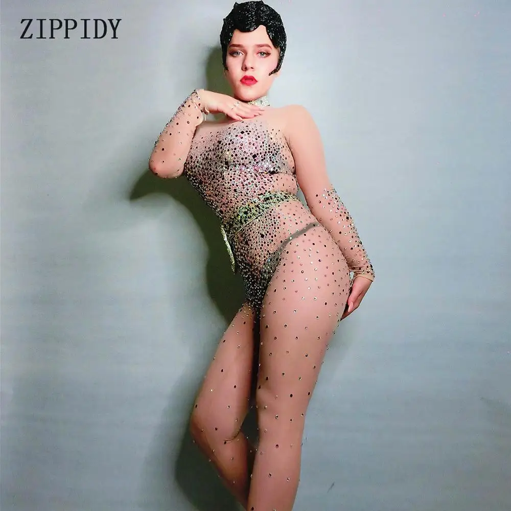 

2019 Mesh Transparent Rhinestones Jumpsuit Stretch Rompers Stage Dance Wear Multicolor Stones Sexy See Through Costume