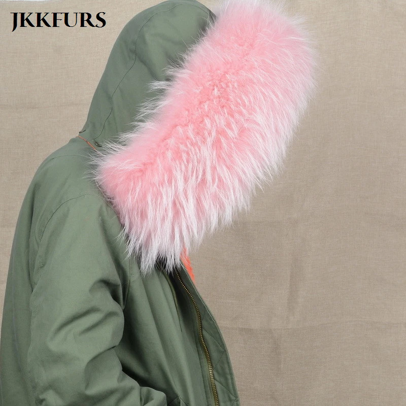 JKKFURS большой натуральный мех енота отделка воротник для женщин и мужчин Модная парка капюшон натуральный шарф Высокое качество подкладка S1535