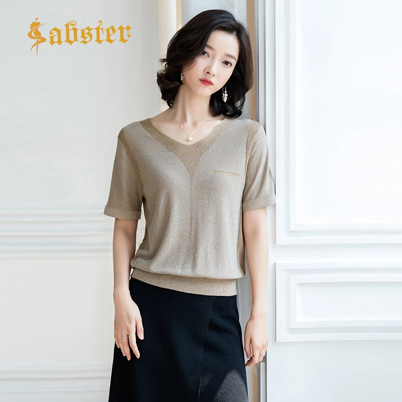 

2019 New Fashion Women V neck Knit T shirt Ladies Short Sleeve Pullover Casual Slim Woman Knitting T Shirts XZ327