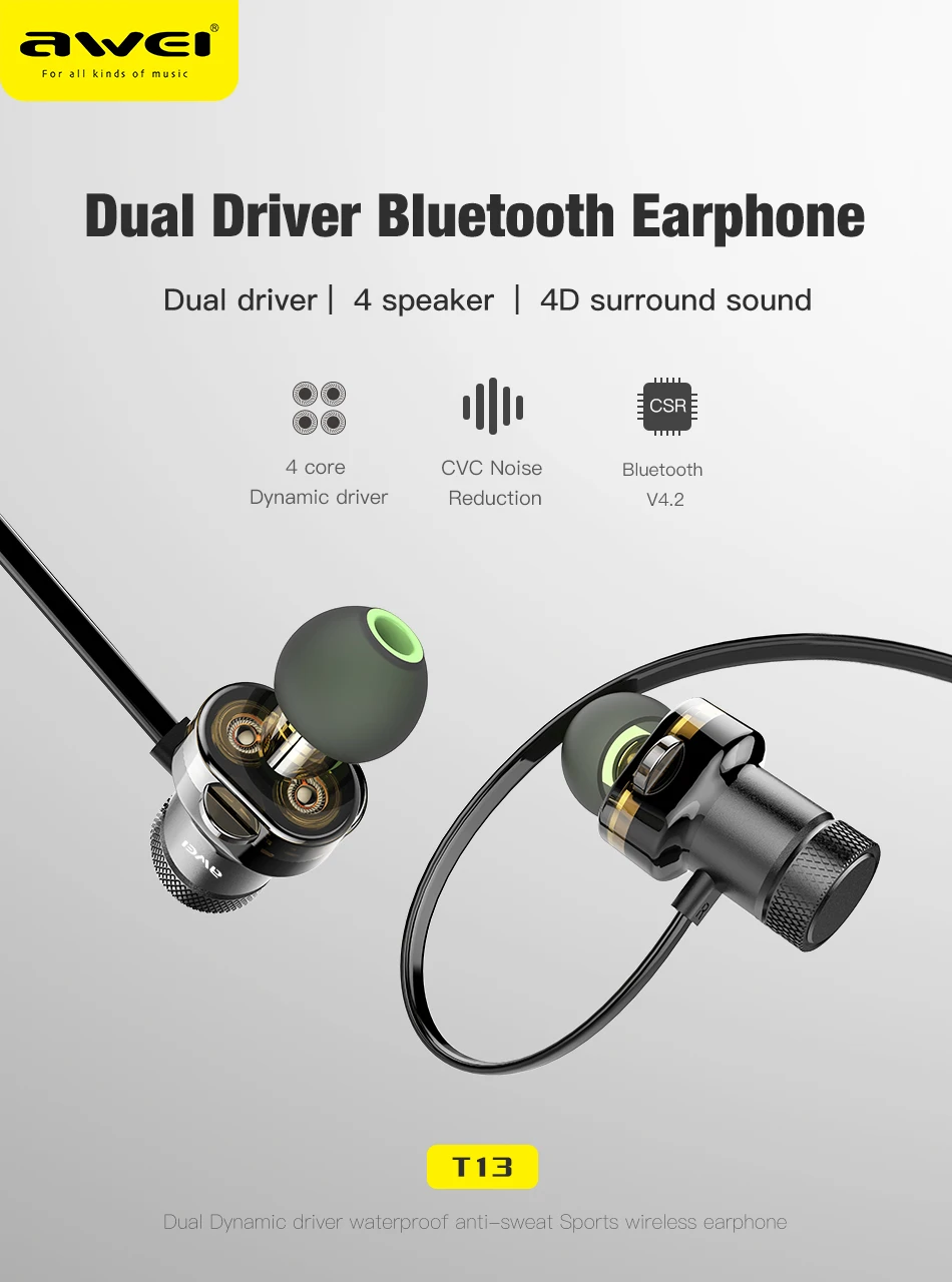 Наушники-вкладыши AWEI T13 двойной драйвер Беспроводной Bluetooth наушники спортивные наушники с затычки в уши для микрофона звука стерео гарнитура для iphone телефоны