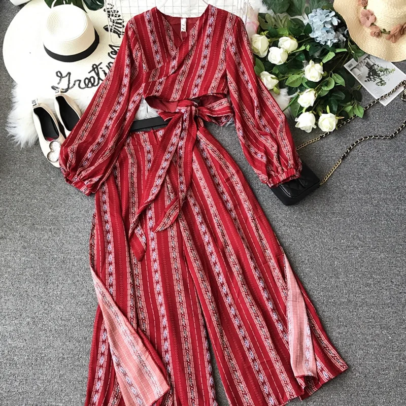 

Женский костюм с рубашкой и брюками с широкими штанинами, летний женский костюм с брюками в стиле бохо, пляжный комплект с топом и брюками, к...