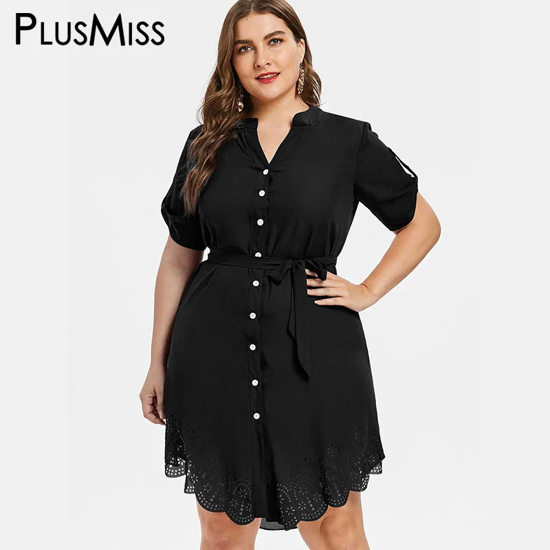 Plusmiss плюс Размеры черный футболка с коротким рукавом платье поясом 5XL женские
