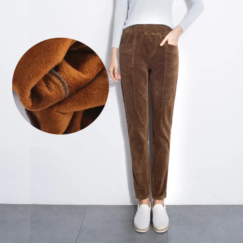coffee color style 2 Бархатные вельветовые штаны из овечьей шерсти, женские штаны с эластичной высокой талией, осенне-зимние штаны-шаровары, женские теплые хлопковые повседневные брюки C5118 - Цвет: coffee color style 2