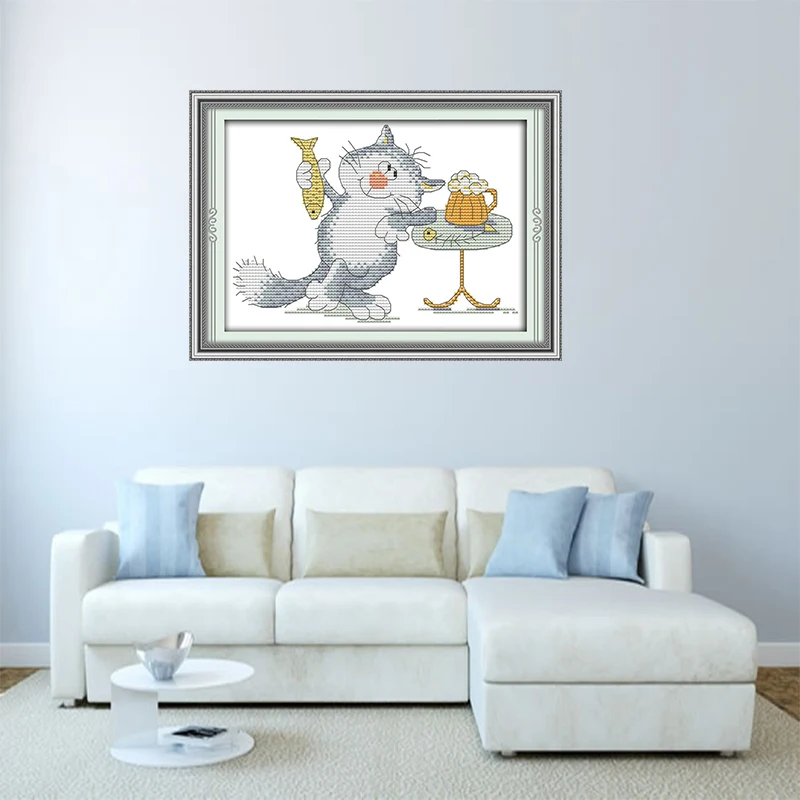Kitten to eat fish hand-embroidered cross-stitch kit small simple and easy embroider furniture decoration sewing embroidery | Дом и сад