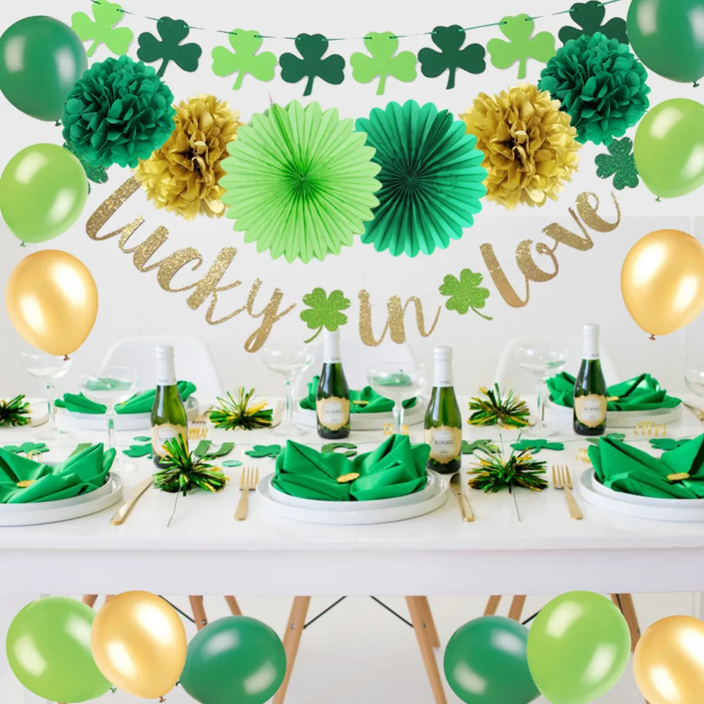 

Saint Patricks Day Party Decoration Kit Lucky in Love Banner Shamrock Garland Latex Balloons Irish Green Fans Kids Party Favor