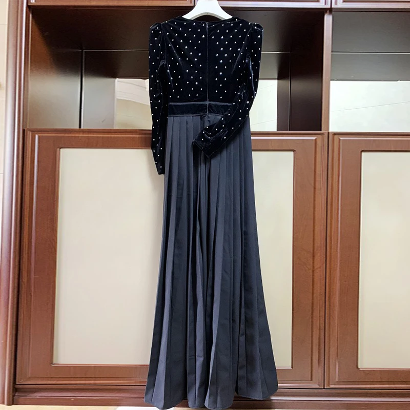 High-end Winter Black Diamonds Maxi Long Dress Women Self Portrait Patchwork Slim Bodycon Pleated Dresses Party Runway Vestidos