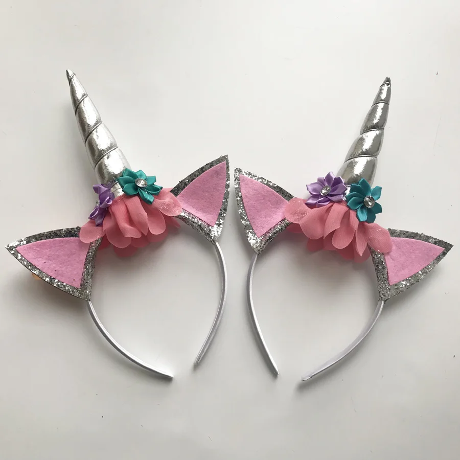 2 шт. Блестящий металлический Единорог повязка для девочек Дети DIY Войлок Бандана с единорогом вечерние аксессуары для волос - Цвет: 2 Pcs Silver