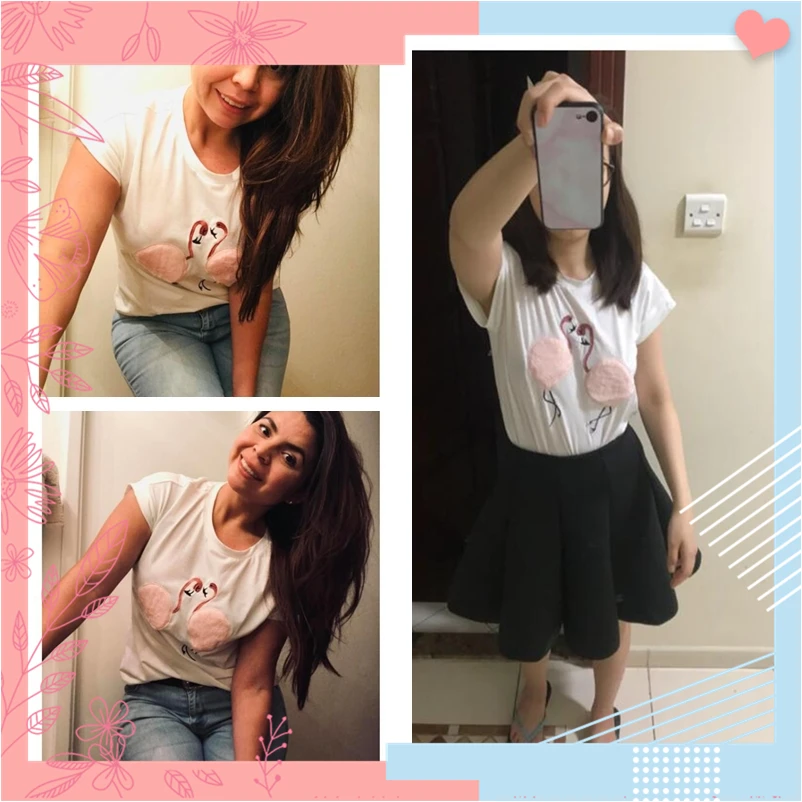 Dotfashion, вышитый фламинго, контрастная Женская футболка из искусственного меха,, летние повседневные женские топы, корейская модная одежда, футболка