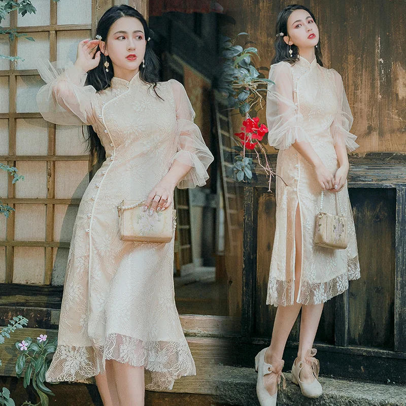 2019 новые модные женские платья Элегантное кружевное китайское Ретро народное