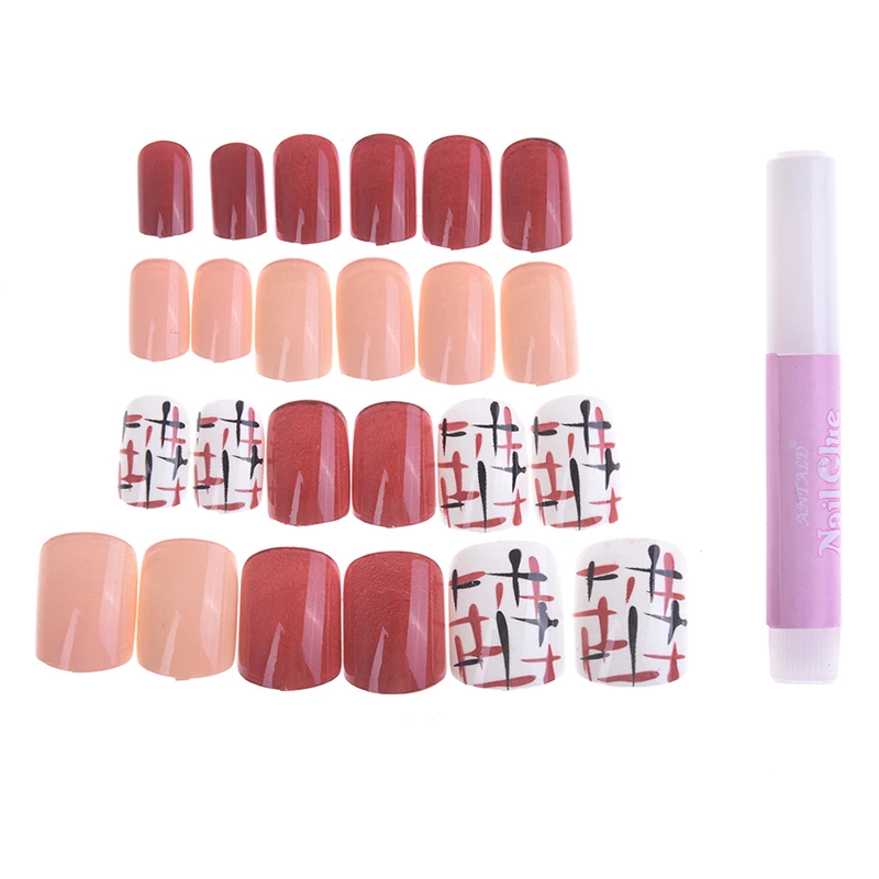 24pcs/set Lattice Grid Design Fake Nails Artificial French Multiple Colors False Tips Press on with Glue Sticker | Красота и здоровье