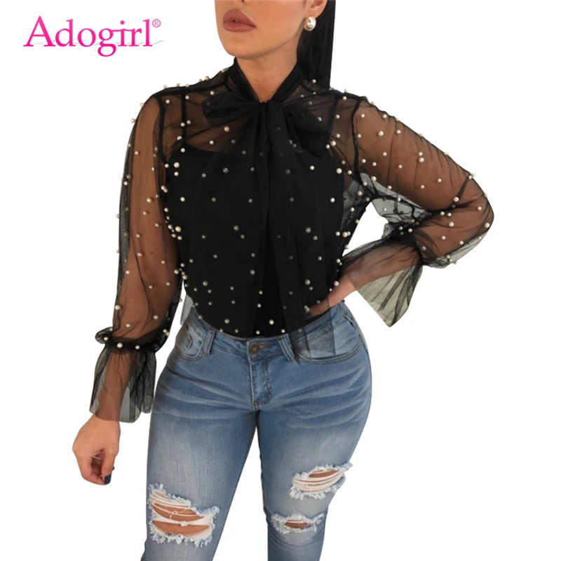 Adogirl, новинка, женские блузки из прозрачной сетки с жемчугом, на шнуровке, воротник-бабочка, фонарь, длинный рукав, повседневные топы, женская рубашка, Клубная одежда, блузы