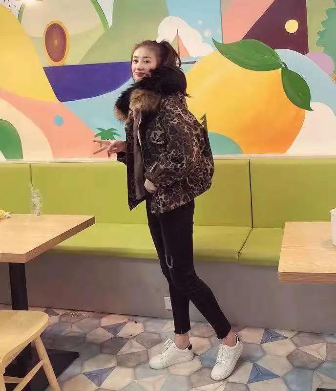Women Lambs Wool Denim Jacket Female Leopard Thick Winter Cotton-padded Coat