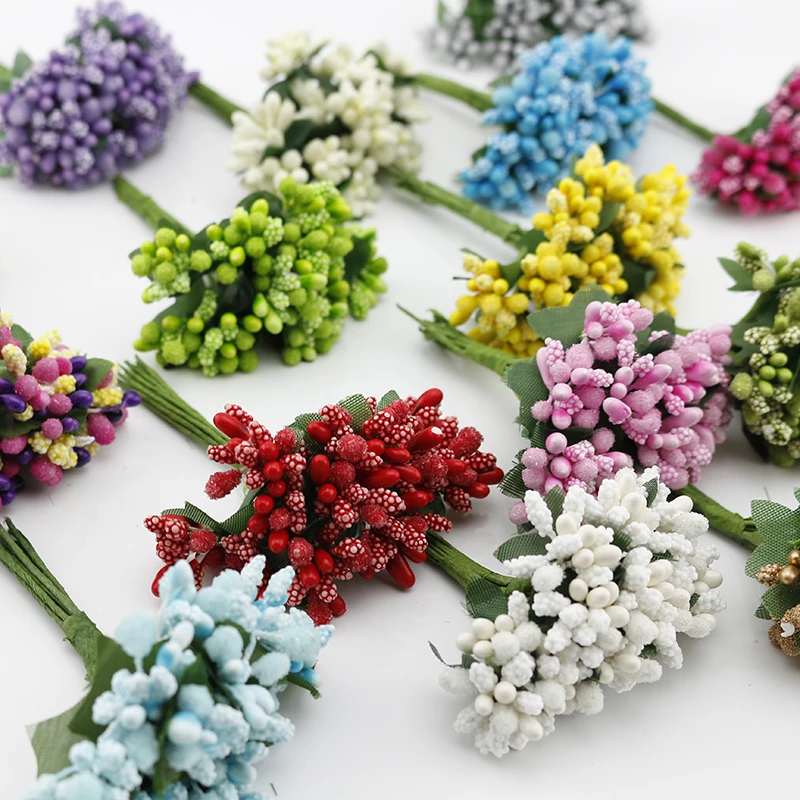 

12pcs Mulberry Silk Party Berry Stamen Leaf Cheap Artificial Flowers Decoration DIY Head Wreaths Corsage Fake Flower Wedding Box