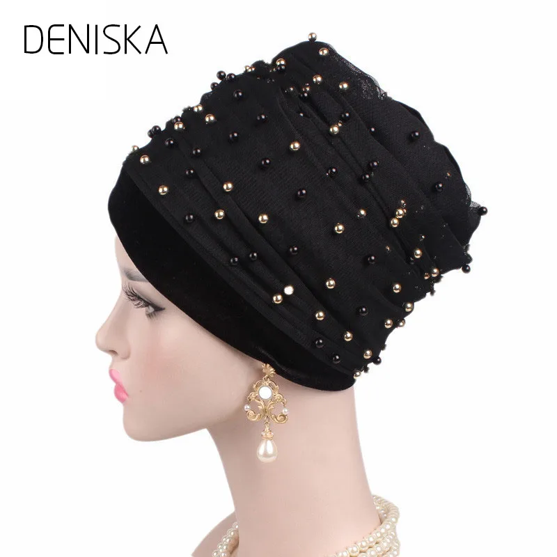 DENISKA 2018 Headscarf Turbante Luxury Mass Gold Beaded Mesh Head wrap Velvet Nigerian Turban Women Hijab Extra Long scarf | Аксессуары