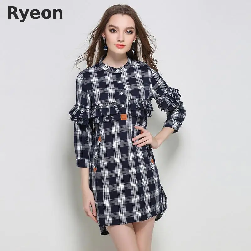 Ryeon L 5xl Плюс Размер Симпатичные Платья Свободные Плед Запястье Выше Колена Мини