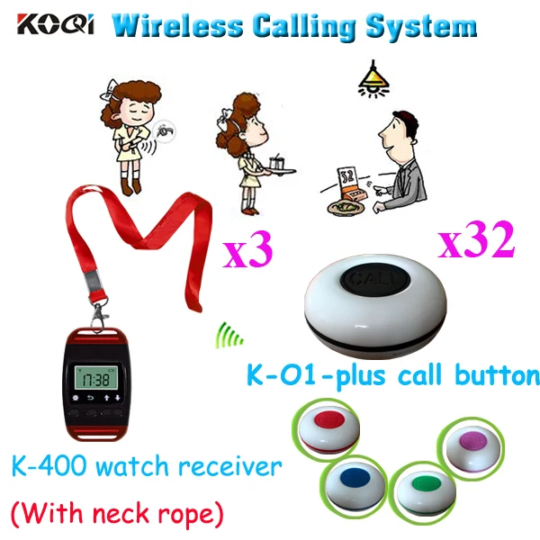 

Wireless Call System Digital Vision Watch Receiver K-400 With 4 Key Waterproof Button(3pcs watch+32pcs call button)