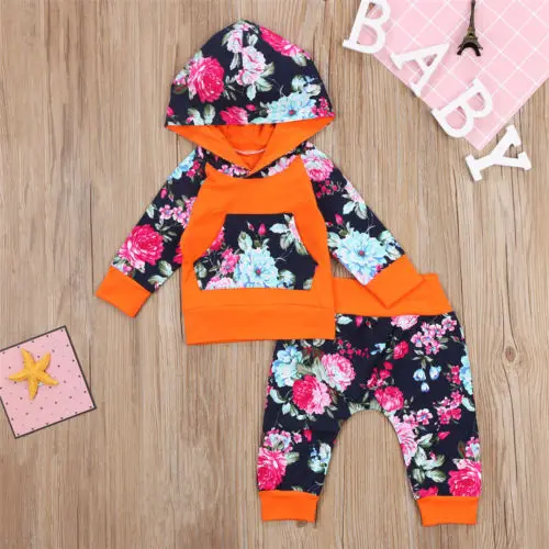 Newborn Baby Girls Clothes Set Long Sleeve Flower Hooded Tops Pants Lggings Outfits | Детская одежда и обувь