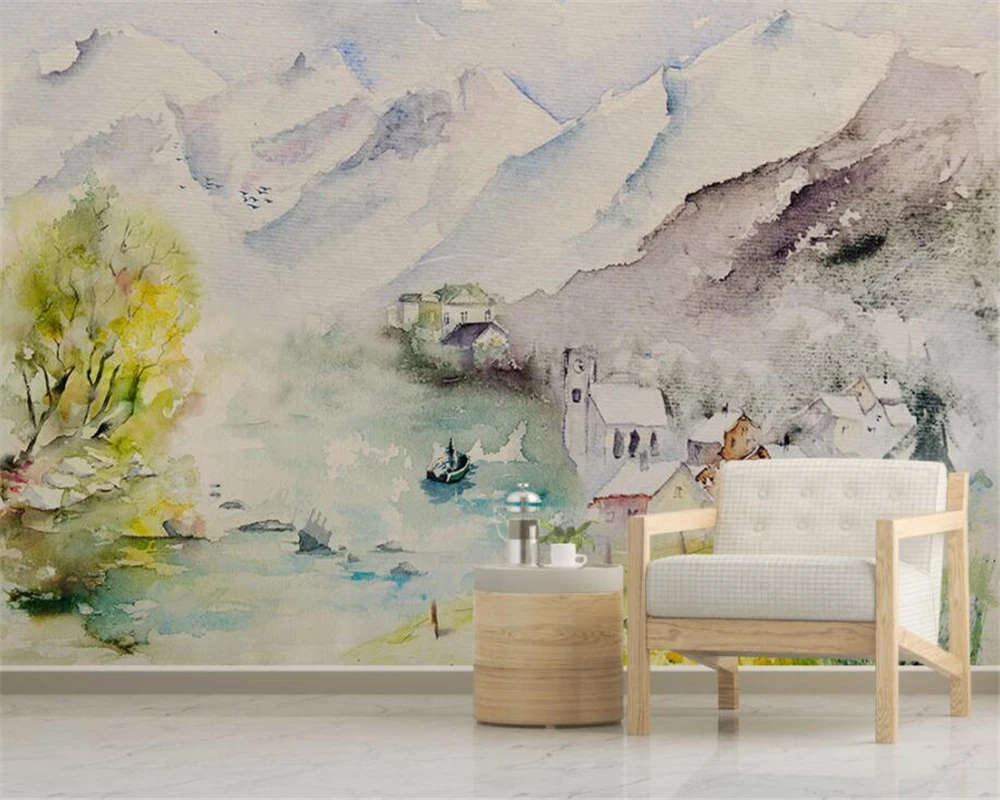 3d обои на заказ роспись акварелью пейзаж цветы птица лодка фотообои 3d|3d wallpaper