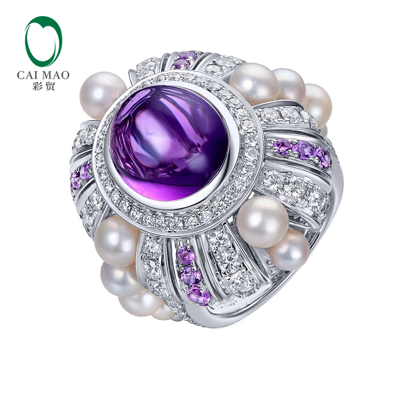 7.25ct натуральный амтист 1.82ct натуральные бриллианты и 0.42ctw аметист жемчуг 14K белое золото обручальное кольцо