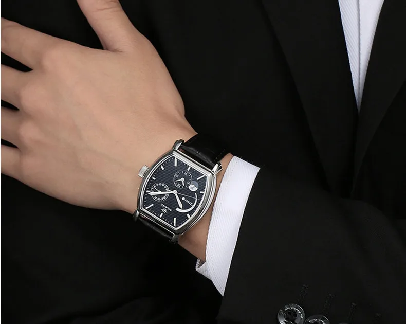 

Vintage Men Tonneau Automatic Dress Watches Elegant British Wind Businessmen Calendar Wrist watch Leather Analog Relojes W026