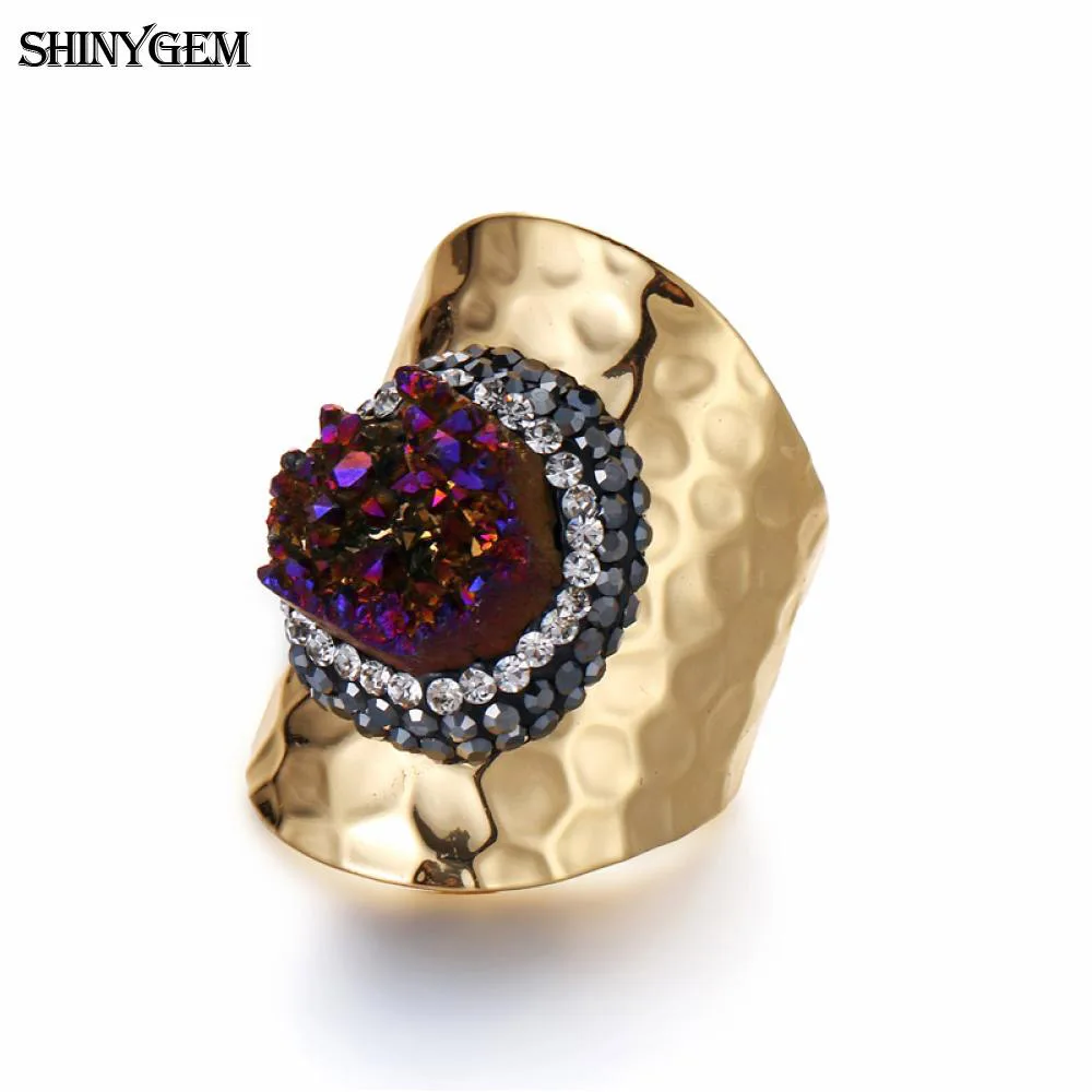 Кольца на палец с золотым покрытием ShinyGem Druzy, сверкающие кольца с нестандартными радужными кристаллами, большие кольца с натуральным камнем для женщин