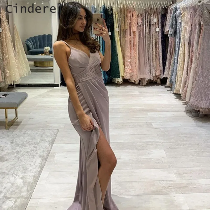 

Cinderella Spaghetti Backless Elegant Evening Dresses V-Neck Sleeveless Floor Length Chiffon Evening Gowns Party Prom Gowns