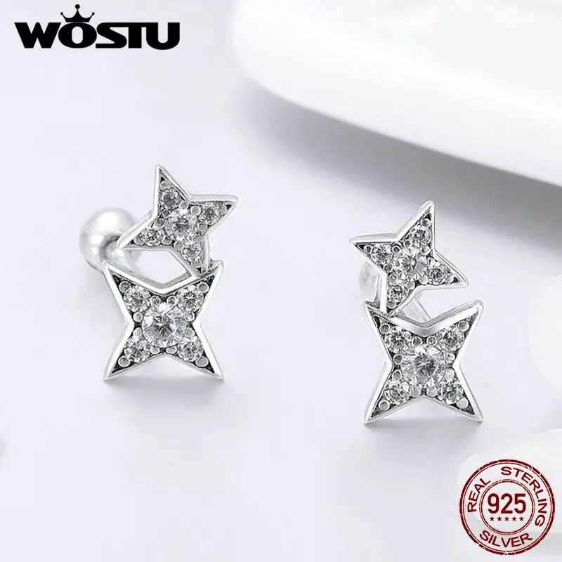 WOSTU Настоящее серебро 925 пробы сверкающие звезды крошечный гвоздик серьги для