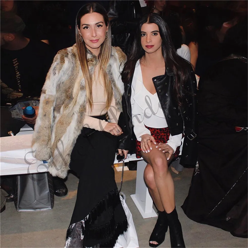 Ethel Anderson Real Farm Rabbit Fur Coat Striped Pattern Full Length Sleeve Coat Hip-Length Outwear