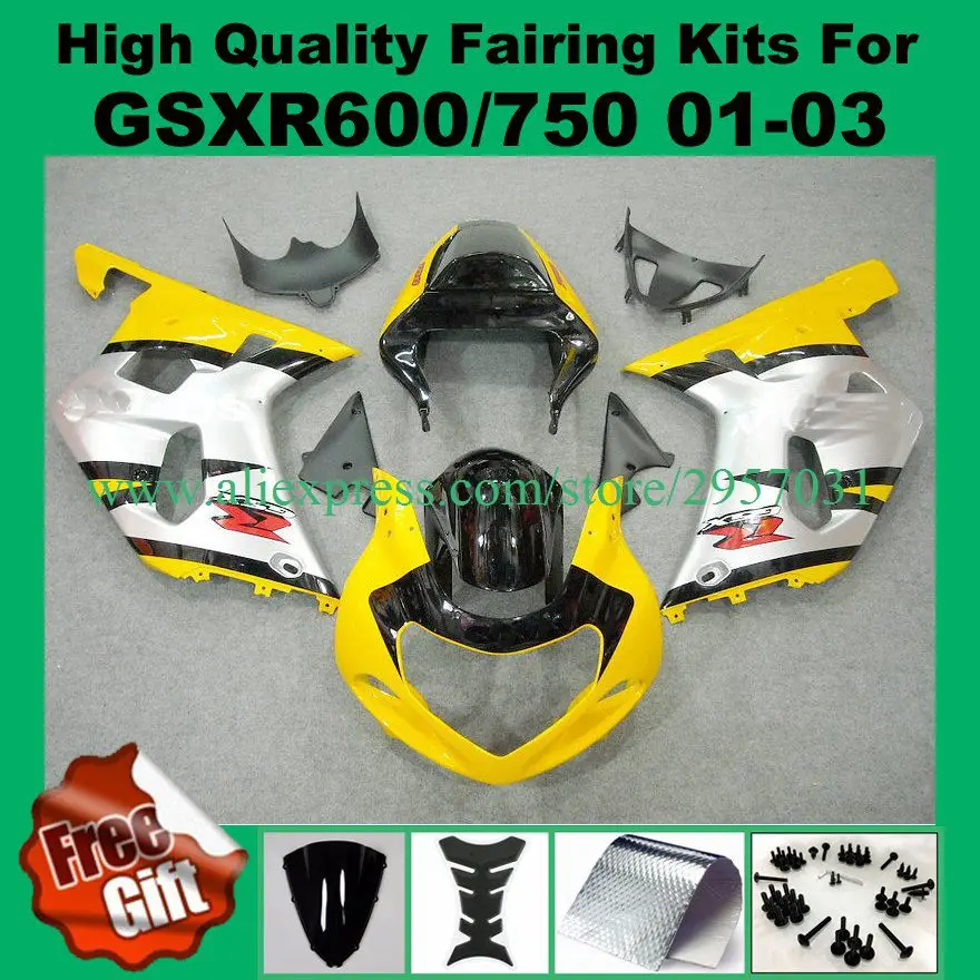 

9Gifts, Injection Fairings for GSXR600 GSXR750 2001 2002 2003 K1 SUZUKI GSX-R750 GSX-R600 01 02 03 silver yellow black fairing