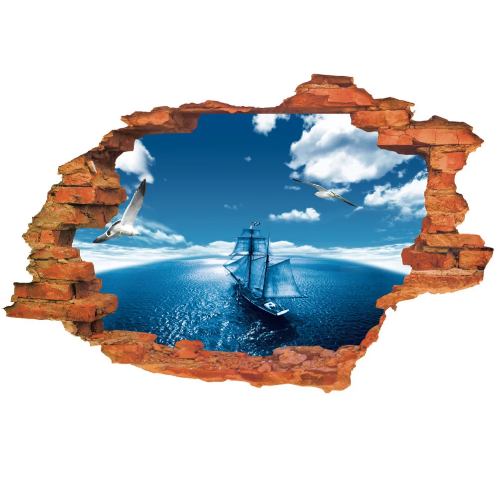 New Hot 1PC 3D Wall Stickers Mural Decal Quotes Art Home Decor Modern Fashion Cartoon Stiker Blue Sea Boat For Living Room | Дом и сад