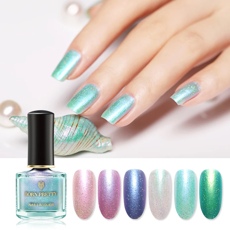 BORN PRETTY 6ml Nail Polish Shining Glitter Pearl Nail Art Polish Green Silver Color Lacquer Varnish Manicure Fast Dry Top Coat
