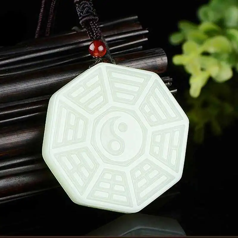 

KYSZDL Natural white yu carved Tai Chi gossip sweater chain pendant men&women yu stone necklace pendant jewelry gift free rope