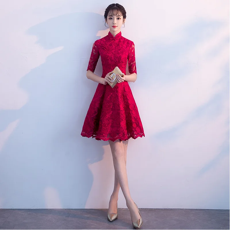 Красное китайское платье с вышивкой Qipao сексуальное Ципао повседневное женское
