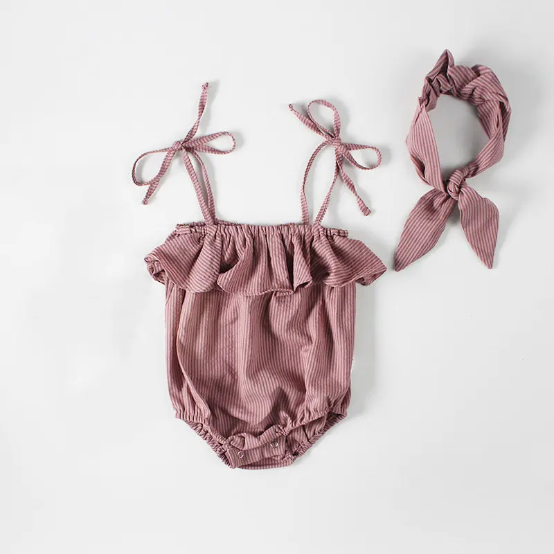 Baby Girl Romper Set Одежда для новорожденных девочек от 0 до 24 месяцев г. Летний хлопковый комбинезон в полоску с повязкой на голову, детский комбинезон без рукавов - Цвет: Baby Girl Romper Set