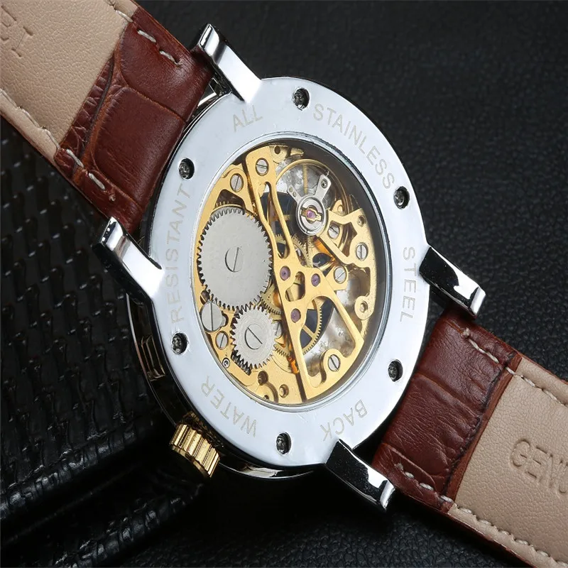 Мужские наручные часы OYW механические с золотым циферблатом и кожаным ремешком