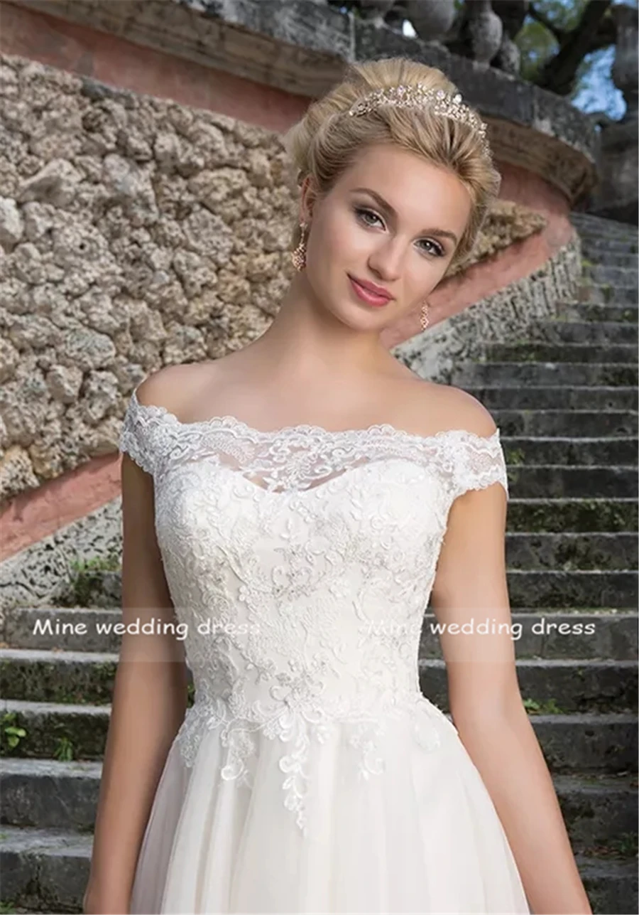 Princess Portrait Neckline Illusion Beaded Lace And Tulle Off The Shoulder Wedding Dress A-Line Button Back Bridal Gowns