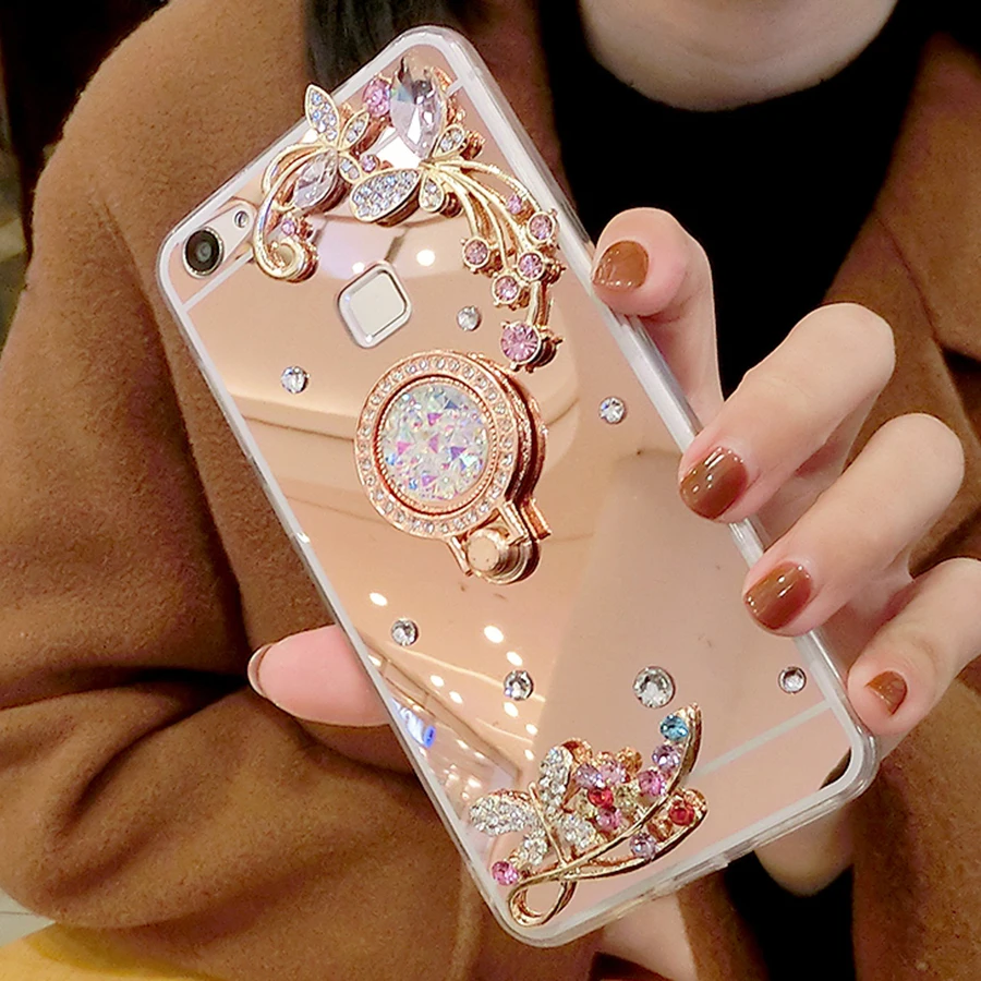 Для чехла iphone 5S алмазные Стразы, зеркальный чехол для телефона, задняя крышка для iphone X 8 6 6S 7 Plus XR XS Max, кольцо, подставка, держатель для пальца