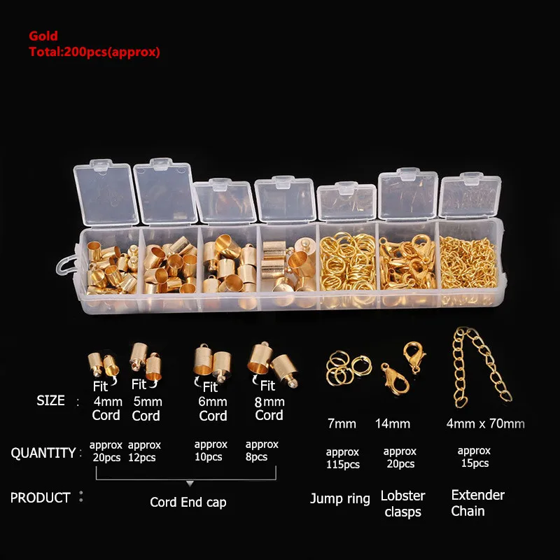 approx 200pcs gold Ювелирные изделия аксессуары набор бисера колпачок s прыгающие кольца серьги крюк обжимной Конец крышка застежка Лобстер удлинительная цепь DIY Изготовление HK066 - Цвет: approx 200pcs gold