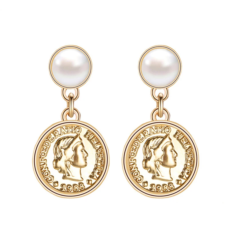 Peri'sBox Gold Color Portrait Disc Dangle Earrings for Women Minimalist Drop Coin Geometrical Round Bijoux | Украшения и
