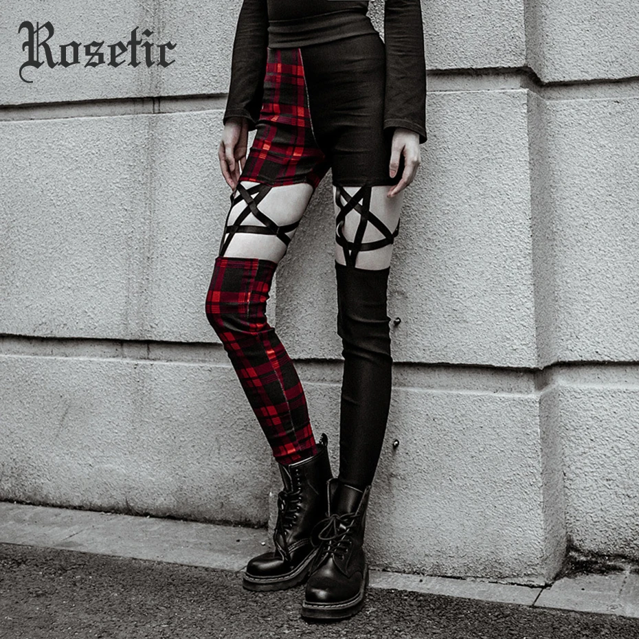 Rosetic, женские черные брюки с пентаграммой, готический стиль, крутые, тонкие, высокая талия, на молнии, клетчатые, красные, в клетку, полые, в стиле панк, узкие брюки